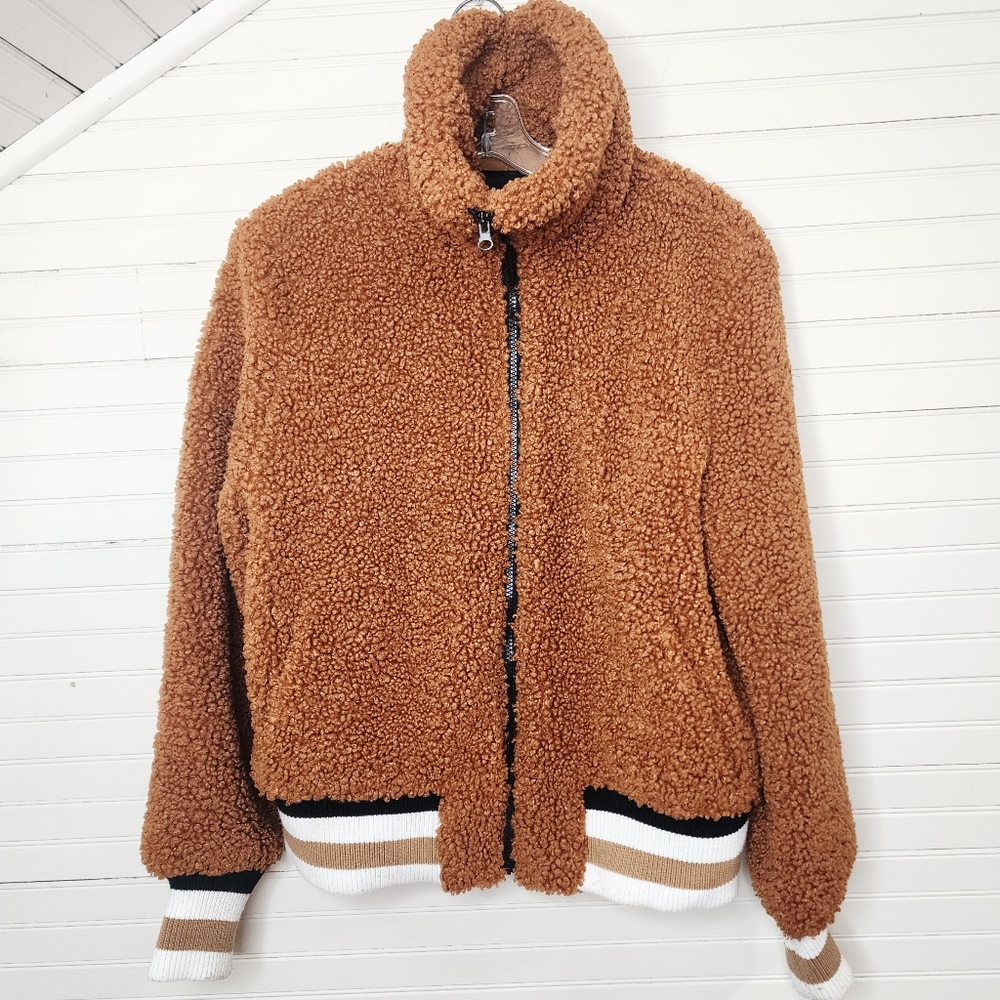 Stradivarius Teddy Sherpa Zip Jacket Brown L Women's Faux Shearling Cozy